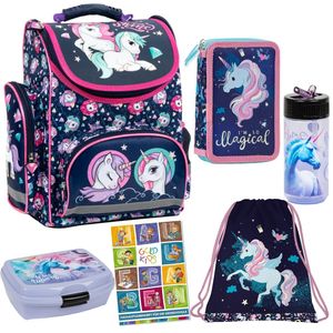 Schulranzen Set 6er Ranzen Tornister Federmappe Turnbeutel Turnsack Brotdose Trinkflasche Aufgabenheft für die Grundschule Einhorn Unicorn Motiv