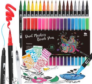 Premium Kunst Filzstift Set - 36er Farben Dual Brush Pen Marker Fineliner mit 5 Schablonen+ 1 Wassertankpinsel für Manga, Kalligraphie, Malen