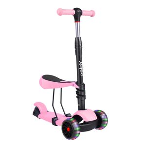Yoleo 3-in-1 Kinder Roller Scooter mit abnehmbarem Sitz, 3 Räder, Höheverstellbaren Lenker für Kinder oder Jungen ab 2 Jahre (Rosa)