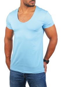 Young & Rich Herren Uni T-Shirt mit extra tiefem V-Ausschnitt slimfit deep V-Neck stretch dehnbar Basic Shirt 1315, Grösse:XL, Farbe:Hellblau