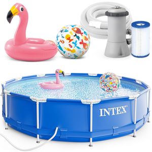 INTEX 366x76 cm Prism Metal Frame Swimming Pool Schwimmbecken Komplett-Set mit Extra-Zubehör wie: Schwimmring und Strandball