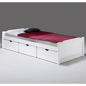 Bett MIA aus massiver Kiefer in weiß, schönes Funktionsbett mit 3 Schubladen, praktisches Jugendbett mit Liegefläche 90 x 200 cm