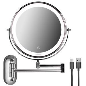 Goliving Make-up-Spiegel mit Beleuchtung - Ø25 cm - 10-fache Vergrößerung - Dimmbarer LED-Rasierspiegel - USB-C wiederaufladbar - Doppelseitig - 27x27cm - Chrom