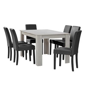 [en.casa] Jedálenský stôl biely dub so 6 stoličkami Tmavo šedá koženka čalúnená 140x90 jedálenský set Jedáleň