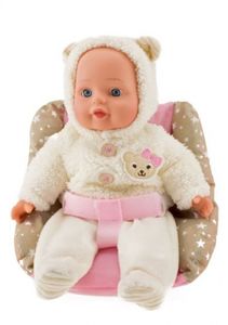 LOVELY BABY 02155A - Babypuppe  mit Kindersitz ca. 33 cm, Puppe im Autositz mit Sternenmuster
