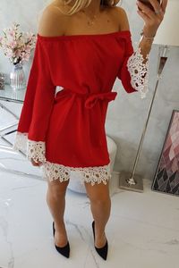 Kesi Damen Shirtkleid Tunikakleid mit Spitze, schulterfrei, langarm, Größe:UNIVERSAL, Farbe:Rot (17189-U)