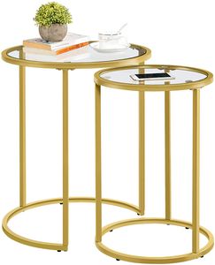 Yaheetech Satztische rund, 2er Set Beistelltisch, Couchtisch Glas, für Wohnzimmer, modernes Design, Metallgestell senf Gold, 49,5 x 49,5 x 59 cm, Gold