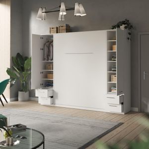 SMARTBett Wohnwand Set mit Schrankbett Standard 160x200 Vertikal + 2 x 50-Schränke Weiss/ Weiss