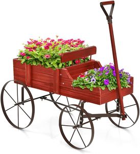 COSTWAY Blumenständer Holzwagen Pflanzwagen Blumenwagen mit Metall Rädern Blumenkasten Pflanzenständer für Garten und Terrasse 34x62x60cm (Rot)