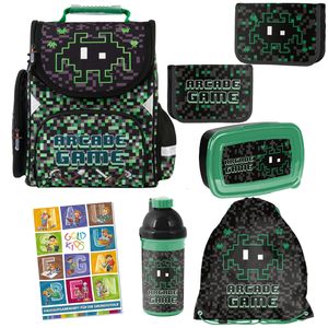 Schulranzen für Jungen und Mädchen, 6er-Set - Schul-Rucksack für Kinder mit Federmäppchen - Schuhbeutel und Hausaufgabenheft - Arcade Game Pixel Motiv