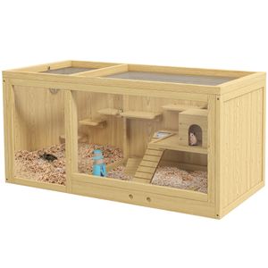 PawHut Hamsterkäfig aus Holz, 100 cm Kleintierstall, Kleintierkäfig Spielhaus für Gerbils Nagerkäfig mit Schaukeln, Leitern, zu öffnendes Dach, Hütte, Natur