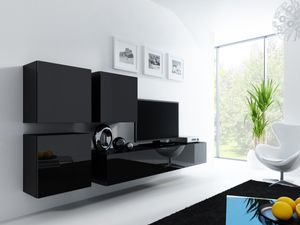 Furniture24 Wohnwand VIGO 23, Desing Mediawand, Modernes Anbauwand mit 3 Türen und 2 Klaptüren, Hängeschrank Tv Lowboard Schwarz / Schwarz Hochglanz