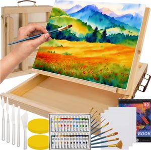 MAALEO Acrylfarbe Set für Kinder 45-teiliges Malset mit Staffelei Komplettes Zubehör inkl. Leinwand Set, 24 Acrylfarben, Pinseln und viele Andere in einem Malkoffer 23863