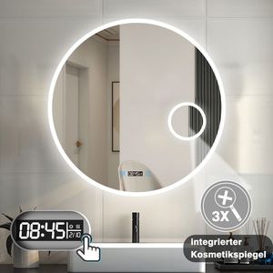 Runder LED Badspiegel 80cm mit Kosmetikspiegel 3-Fach Kalt/Neutral/Warmweiß Spiegel dimmbar Touch/Wandschalter Memory Beschlagfrei