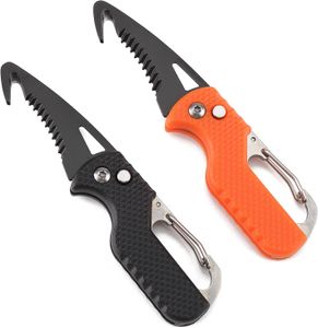 2-teiliges Mini-Taschenmesser-Schlüsselanhänger-Set, Box/Gurtschneider, tragbares Rettungsmesser, 2 Stück (schwarzer Griff mit schwarzer Kante, orangefarbener Griff mit schwarzer Kante)