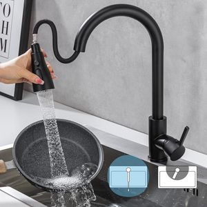 Hochdruck Küchenarmatur Wasserhahn Küche ausziehbar mit 3 Strahlarten 360° drehbar Spültischarmatur mit Brause, Schwarz
