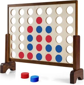 COSTWAY Giant 4 Win Game Set Dřevěný rám včetně 42 Jumbo kroužků a posuvníku pro rychlý restart, hrací deska Four in a Row 83,5 x 71,5 cm hnědá a béžová barva