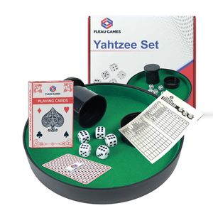Yahtzee + Würfelbox + Kartenset - Würfelset - Würfelbox - Pokerbahn - Pitbox - Würfelspiel/Partyspiel für Kinder/Erwachsene - Würfel - Spiel - Kunstleder