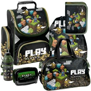 Paso Minecraft - 6-teiliges Mega Set - Rucksack, Federmäppchen, Tasche, Trinkflasche, Frühstückstasche, Schulranzen