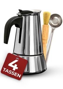 Cosumy Espressokocher Induktion geeignet - 4 Tassen - Edelstahl - Mit Dosierlöffel und Bürste Silber