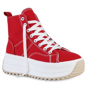 VAN HILL Damen Plateau Sneaker Schnürer Profil-Sohle Stoff Schuhe 841134, Farbe: Rot, Größe: 36