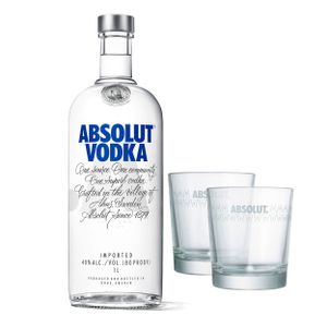Absolut Vodka Original Set mit 2 Gläsern, Premium Wodka, Schnaps, Spirituose, Alkohol, Flasche, 40 %, 1 L