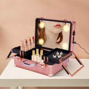 Tragbaren Kosmetikkoffer Kosmetiktasche Organisierter Friseurkoffer Rollender Schminkzugkoffer mit Spiegel LED Licht für Reisewagen Kofferraum Rose Gold