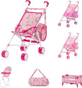 Chipolino Puppen-Zubehör-Set 3in1 Trixy Buggy Hochstuhl Tasche Laufstall faltbar pink