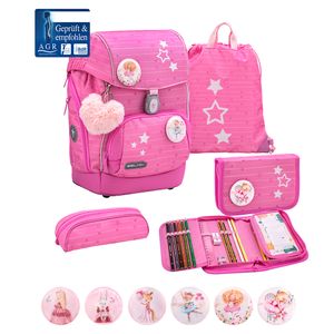 Belmil Premium ergonomischer Schulranzen Set 5 -teilig für Mädchen Für kleine Kinder, Erstklässler mit Patch Set/Brustgurt, Hüftgurt/Magnetverschluss/Rosa (405-73/P/S Candy)
