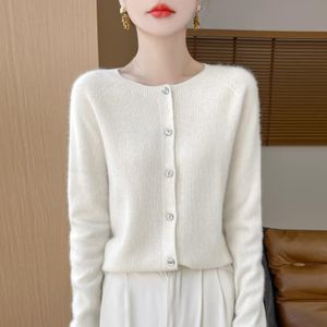 Warme, weiche Damen-Strickjacke mit Rundhalsausschnitt, L, Weiß