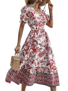 Sommerkleid Damen Kurzarm Boho Lange Kleid V-Ausschnitt Blumenkleid Rüschen Strandkleid Rot,Größe Xl