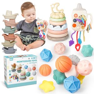 Baby Spielzeug, 4 in 1 Montessori Spielzeug Baby mit Stapelturm, Montessori UFO, Sensorik Bälle,Boot, Babyspielzeug ab 3 4 5 6 7 8 9 10 11 12 Monate, Sensorik Lernspielzeug, Geschenke Zum 1 Geburtstag