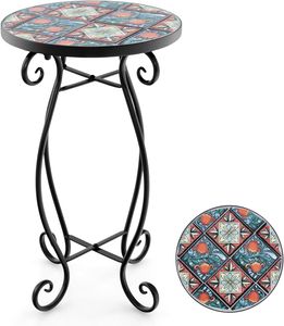 GOPLUS Mosaik Beistelltisch, Ø30cm runder Gartentisch mit Metallgestell, Blumenhocker Blumenregal mit Mosaikplatte, Retro Mosaiktisch (Grün&Rot)