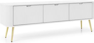 DomoHome "ZOVA" Dreitüriger RTV-Schrank, Klappen Und Beinen, Stilvoller Fernsehtisch Mit Modernem Design, Fernsehschrank Für Wohnzimmer, Metallfüße Gold, 168/57/39 cm Farbe: Weiss
