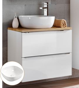 Waschtisch-Unterschrank 60cm mit Keramikbecken TOSKANA-56  in Wotaneiche mit Weiß Hochglanz, B/H/T ca. 61/74,5/46 cm