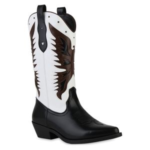 VAN HILL Damen Cowboystiefel Stiefel Spitze Western Schuhe 841113, Farbe: Schwarz Weiß, Größe: 39