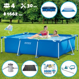 Intex-Schwimmbecken mit rechteckigem Rahmen – 220 x 150 x 60 cm – Blau – im Lieferumfang enthalten Abdeckung - Bodenplane - Filterpumpe für Schwimmbad - Solarmatte - Wartungspaket - Reinigungskit