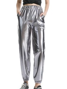 Damenhohe Taille Hosen Sommer Metallic Loungewear Casual Shinny Bottoms,Farbe:Grau,Größe:2xl