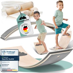 WOLKENGLÜCK® Balance Board Kinder [80x30cm] - Hochwertiges Balancierbrett mit Fingerschutz - Balanceboard für Kinder inkl. Seil + Anti-Rutsch + Filz - Wobbel Board aus hochwertigem Buchenholz