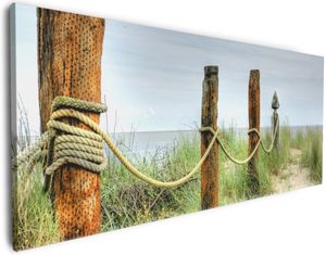 Wallario Premium Leinwandbild Düne am Strand mit Holzpfahl in Größe 80 x 200 cm