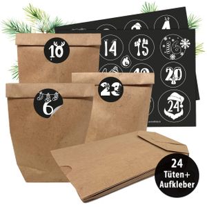 Adventskalender zum befüllen - 24 XL Kraftpapiertüten mit Aufklebern für den individuellen Weihnachtskalender – Zum Selbstgestalten und Befüllen. Adventskalender Tüten basteln