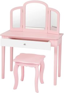 COSTWAY Dětská sada toaletního stolku 2v1 Toaletní stolek s trojitou skládací zásuvkou se zrcadlem a stoličkou na líčení růžový