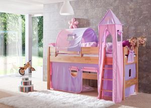 Relita Halbhohes Spielbett KIM Buche massiv natur lackiert mit Textilset purple/rosa, BH1131114+TX5002039+TX5072039+TX5152039+TX5032039