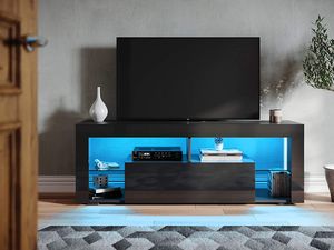 SUNXURY TV Schrank Holz LED 12-LED-Farben Schwarz 140 cm breit