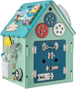 COSTWAY Dětský dřevěný domeček na hraní, vzdělávací domeček se smyslovými hrami a úložným prostorem, Montessori hračka pro smyslové učení pro jemnou motoriku, kostka na hraní pro děti od 3 let (modrá)