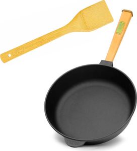 Gusseisenpfanne 28 cm Bratpfanne aus Gusseisen tief Induktion Holzgriff Schmortopf Pfanne
