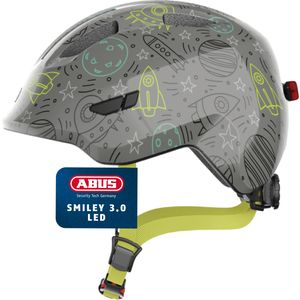 ABUS Kinderhelm Smiley 3.0 LED - Fahrradhelm mit Licht - tiefe Passform & Platz für einen Zopf - für Mädchen und Jungs - Grau mit Weltall-Muster, Größe M