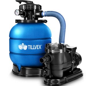 tillvex Sandfilteranlage 10 m³/h blau - Filteranlage 5-Wege Ventil | Poolfilter mit Druckanzeige | Sandfilter für Pool und Schwimmbecken
