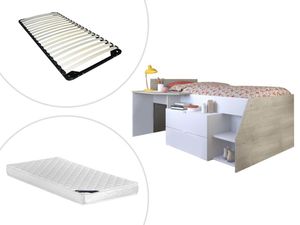 PARISOT Kinderbett mit Schreibtisch & Stauraum GISELE - 90x200cm - Weiß & Eiche + Matratze + Lattenrost