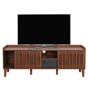 Televizní stolek HWC-M48, nízká skříňka na TV, posuvné dveře z mangového masivu 56x150x40cm  vzhled ořechu, tmavě šedá zásuvka